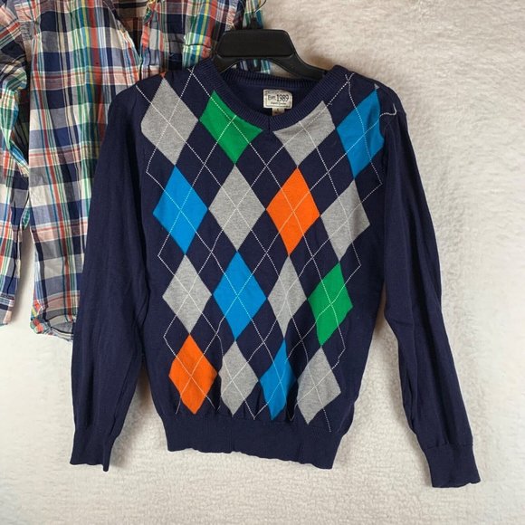 Childrens Place Boys Argyle Sweater, Plaid Button Down Shirt Sz L Set of 2 6480 - Picture 2 of 15